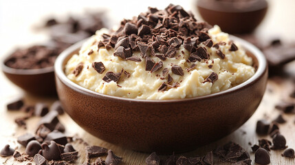 Creamy dessert with chocolate chips in bowl on table, blurred background