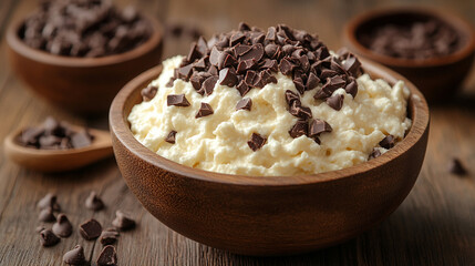 Creamy dessert with chocolate chips in wooden bowl on table