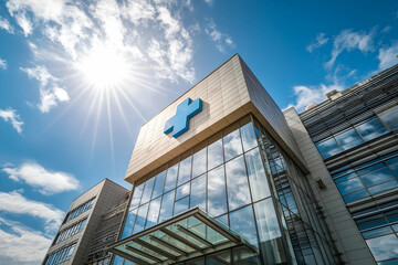 Modern hospital building with a blue medical cross, reflecting sunlight and clouds on its glass facade.