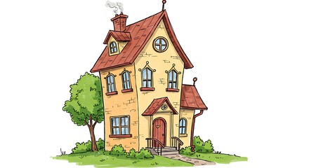 Charming Two-Story House Illustration Whimsical Cottage Design