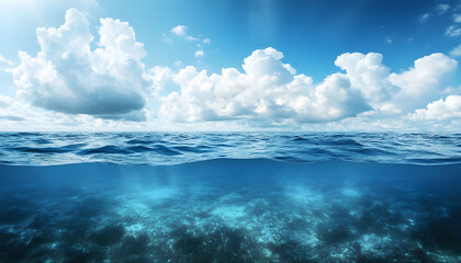 Split view horizon of blue sky with clouds and deep blue underwater ocean. Breathtaking Oceanic Panorama - with copy space to insert ads
