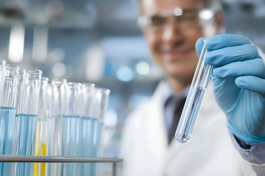 A scientist in a lab coat holds a test tube, surrounded by other glassware filled with blue liquid, indicating a laboratory experiment.