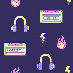 Seamless pattern with audio cassette and headphones. Multicolored elements on dark background. Retro illustration with outline in 90s style. Vector illustration.