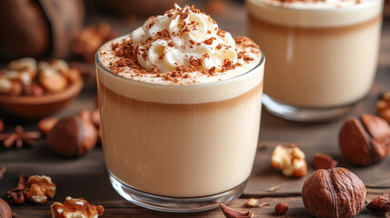Creamy nut latte with whipped cream, chocolate, nuts on rustic wood table
