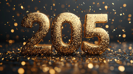 Gold 205 with glitter on dark background, confetti falling