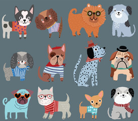 A fun and colorful illustration set of cartoon dogs wearing stylish clothes and accessories. Includes various breeds like Pug, Dalmatian, French Bulldog, and Chihuahua. Perfect for stickers, greeting 