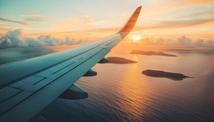 Obraz premium Airplane wing flying plane jet over tropical islands in ocean, view from window at sunset in summer