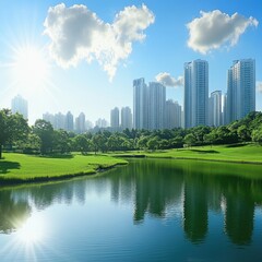 Fototapeta premium Urban oasis skyscrapers reflected in a tranquil pond, surrounded by lush greenery under a vibrant sky