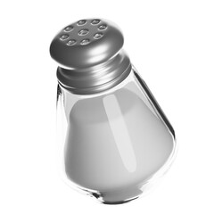 Glass salt shaker filled with white table salt on transparent background