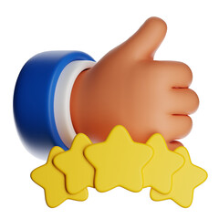 Cartoon hand showing thumb up with five star rating on transparent background
