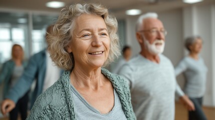 Seniors exercising together in a retirement center, minimalist interior with clean lines and ample copy space for health and wellness content