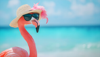 flamingo in glasses and a hat on holiday by the sea