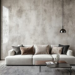 Modern living room with textured wall, neutral sofa, and coffee table