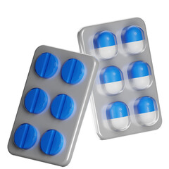 Blue and white pills blister packs on transparent background