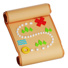 3d treasure map showing path through forest and water to destination on transparent background