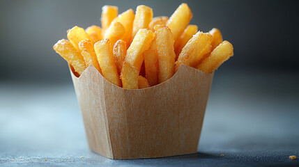 Crispy French Fries in Cardboard Container on Counter