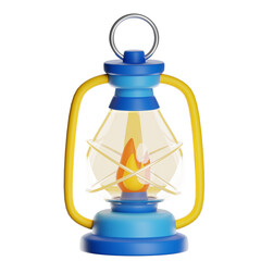 Blue and yellow camping lantern burning with transparent background