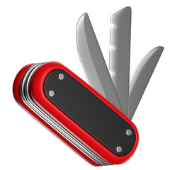 Red multi-tool pocketknife open showing blades on transparent background