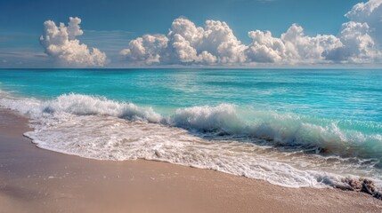 Waves Rolling on a Sandy Beach Under Fluffy Clouds