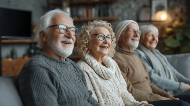 Senior citizens watching television together in cozy living room, warm domestic atmosphere with generous copy space