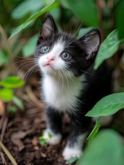 A black and white kitten stands in the garden, surrounded by green leaves and soil, looking up at me with bright eyes. The background is blurred, creating a warm atmosphere. Using macro photography to