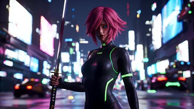 Cyberpunk woman with a katana in a city at night