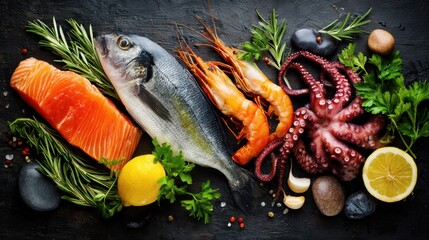 Healthy Seafood Variety of Fish Salmon Shrimp and Octopus