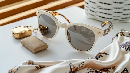 Cream sunglasses and accessories fashion still life