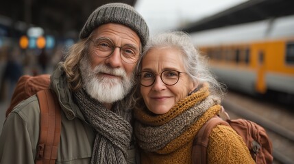Happy senior couple with backpacks embracing on a train platform, ready for a travel adventure