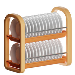 Orange dish drying rack holding clean white plates on transparent background