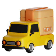 Yellow delivery truck carrying parcel with shipping symbols on transparent background