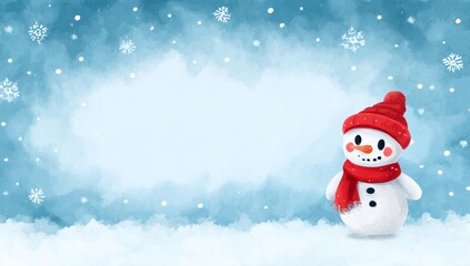 Fototapeta premium Cute snowman wearing red hat and scarf in snowy winter wonderland
