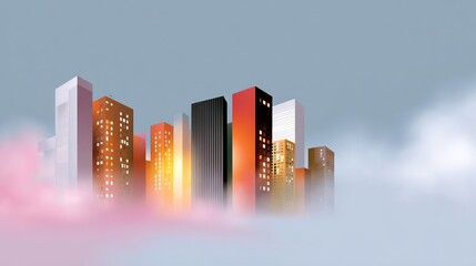 Fototapeta premium City skyline is shown with a cloudy sky and the sun setting. The buildings are tall and the city appears to be bustling with activity