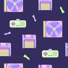 Seamless pattern with floppy disk and gamepad. Multicolored elements on dark background. Retro illustration with outline in 90s style. Vector illustration.