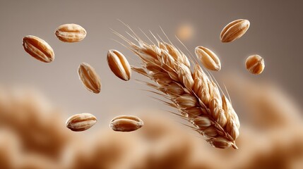 Close up of a wheat grain with a bunch of other grains flying around it. The grain is the main focus of the image, and the other grains are scattered around it, creating a sense of movement
