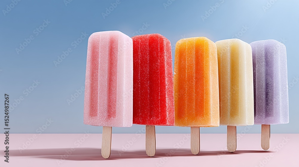 Poster row of colorful ice cream sticks with a blue background. the ice cream sticks are of different color