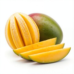 Freshly cut mangoes, showcasing vibrant yellow flesh and green skin, arranged on a white background.