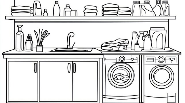 Line drawing of a laundry room with shelves and appliances