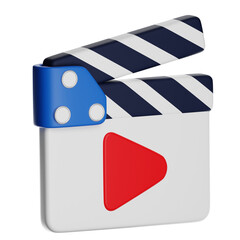 3d clapperboard with play symbol representing filmmaking and entertainment on transparent background