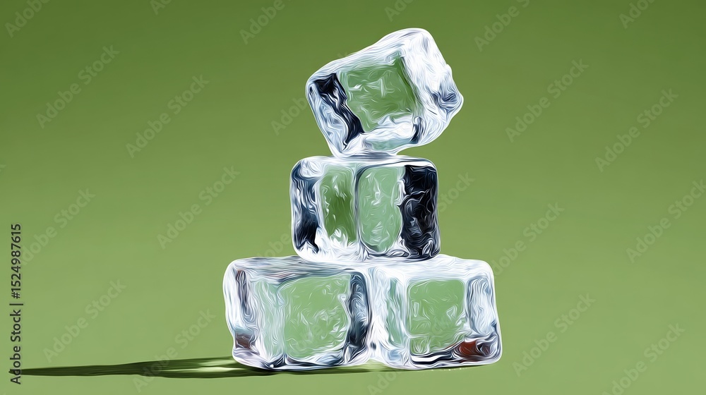 Poster stack of ice cubes on a green background. the cubes are all the same size and are stacked on top of 