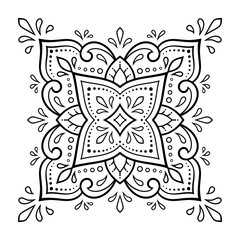 Decorative pattern of flowers and paisley for printing on fabric. Ornament for a bandana, a silk neckerchief, a tablecloth or a kerchief. Square sketch in tribal or oriental style.
