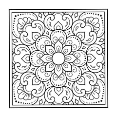 Decorative pattern of flowers and paisley for printing on fabric. Ornament for a bandana, a silk neckerchief, a tablecloth or a kerchief. Square sketch in tribal or oriental style.