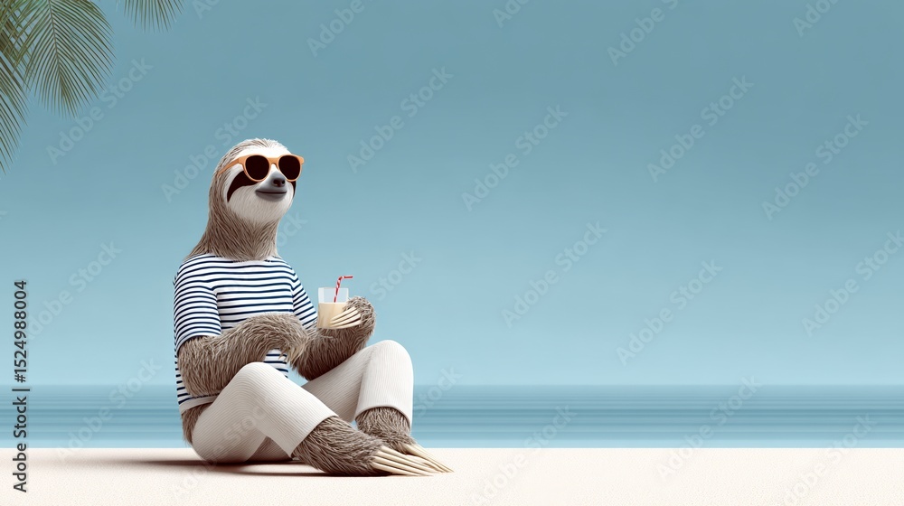Poster sloth is sitting on the beach with a drink in its hand. the image has a lighthearted and fun mood, a