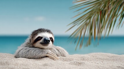 Obraz premium Sloth is laying on the sand near the water. The scene is peaceful and relaxing. The sloth appears to be enjoying the warm sun and the sound of the waves
