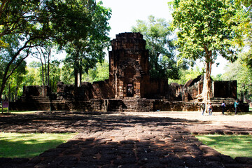 Fototapeta premium Building tower Muang Sing sandstone khmer castle and Hinduism temples mythology at Prasat Mueang Sing Historical Park for thai people foreign travelers travel visit at Sai Yok in Kanchanaburi Thailand