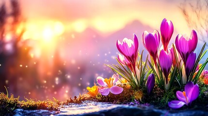 Vibrant crocuses bloom against a dreamy sunset with sparkling light effects.