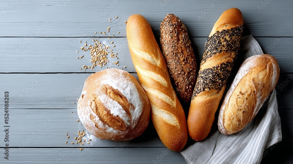 Poster variety of breads are displayed on a wooden table. the breads are different shapes and sizes, and th