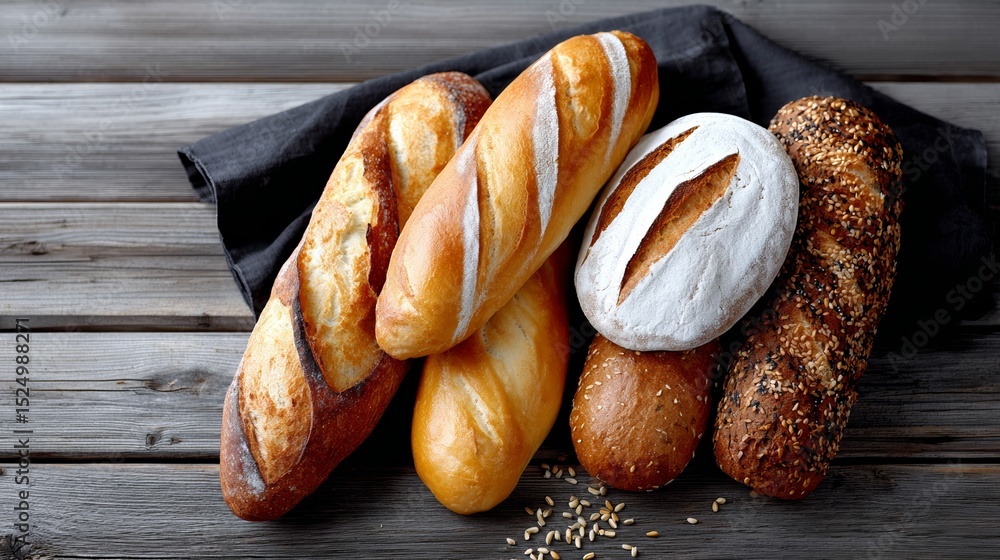 Poster variety of breads are displayed on a wooden table. the breads are different shapes and sizes, and th