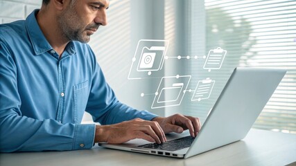 Man working on laptop with file management icons overlay