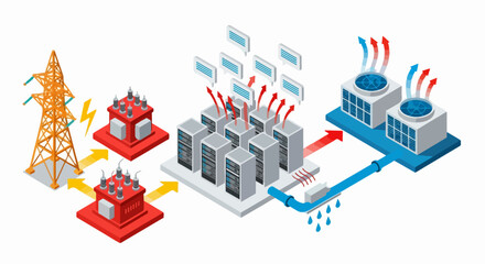 Isometric Data Center Power and Cooling System Workflow Illustration